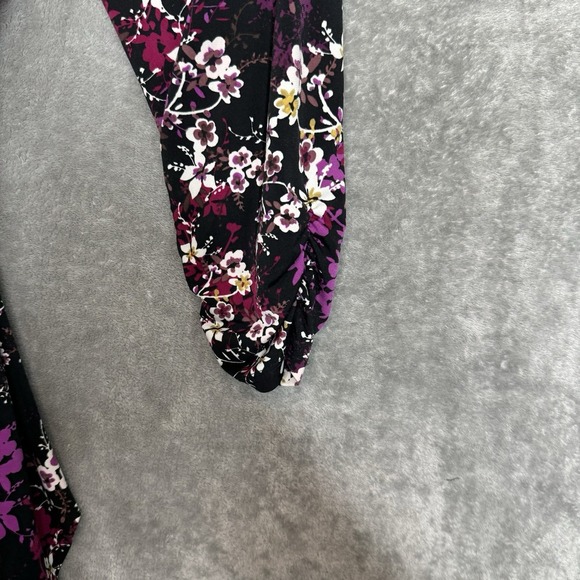 Ellen Weaver XL Shirt Top Black Floral Ruched 3/4 Sleeve Scoop Neck Stretch - Picture 4 of 8
